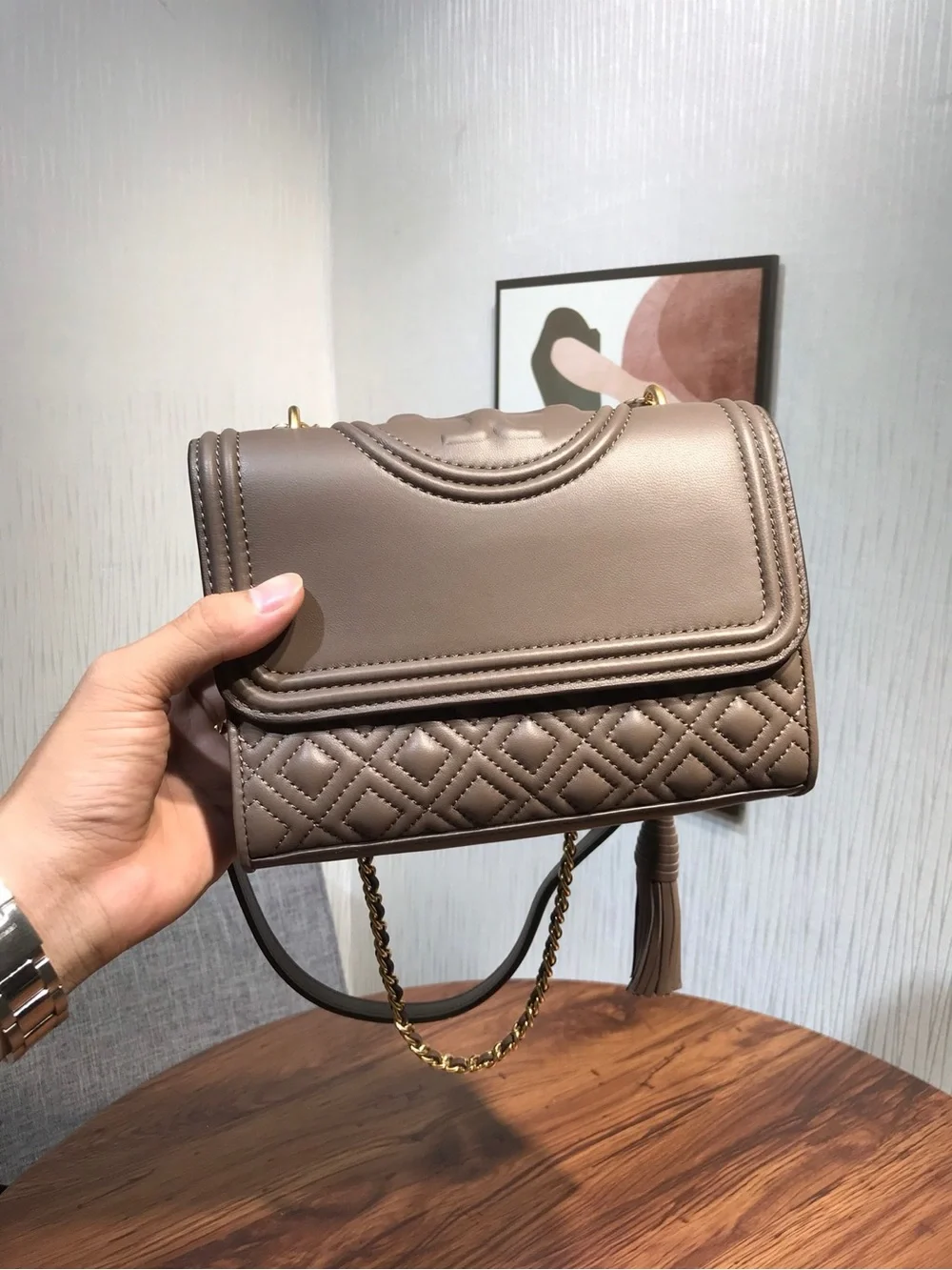 Tory Burch Quilted Taupe Crossbody with Gold Chain